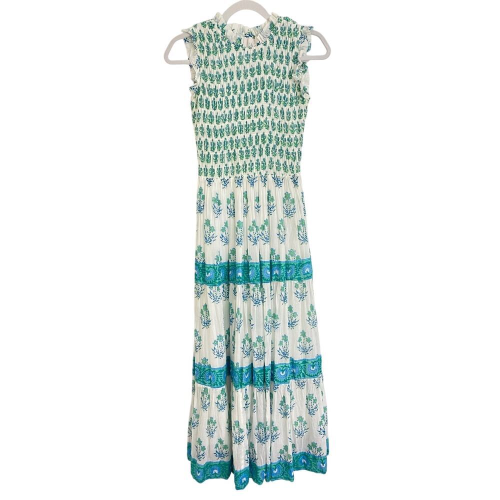 OLIPHANT Tuckernuck Smocked Sleeveless Maxi Midi Dress Indica Blue Block Print S
